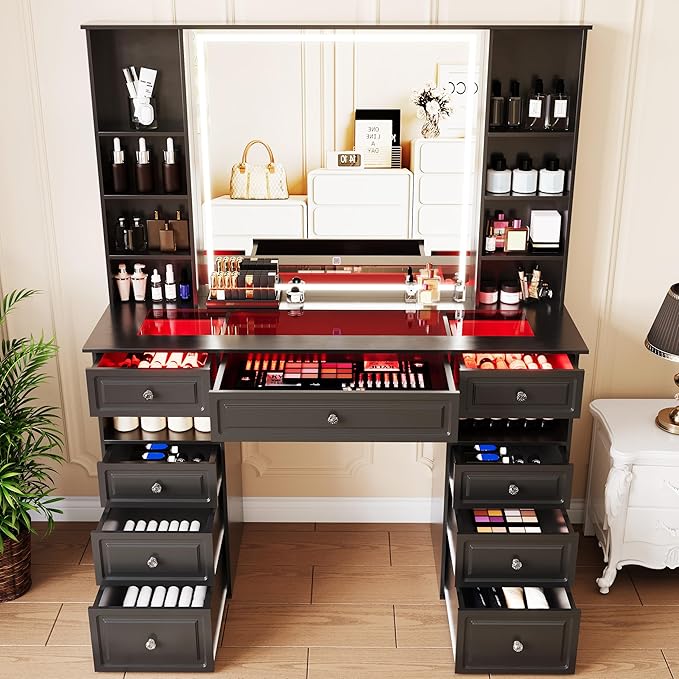 Vanity Desk with Mirror and Light, Glass Top Dresser with 9 Drawers, Vanity Table with Storage, Dressing Table, Bedroom Makeup Desk for Women (Black-Glass Top)