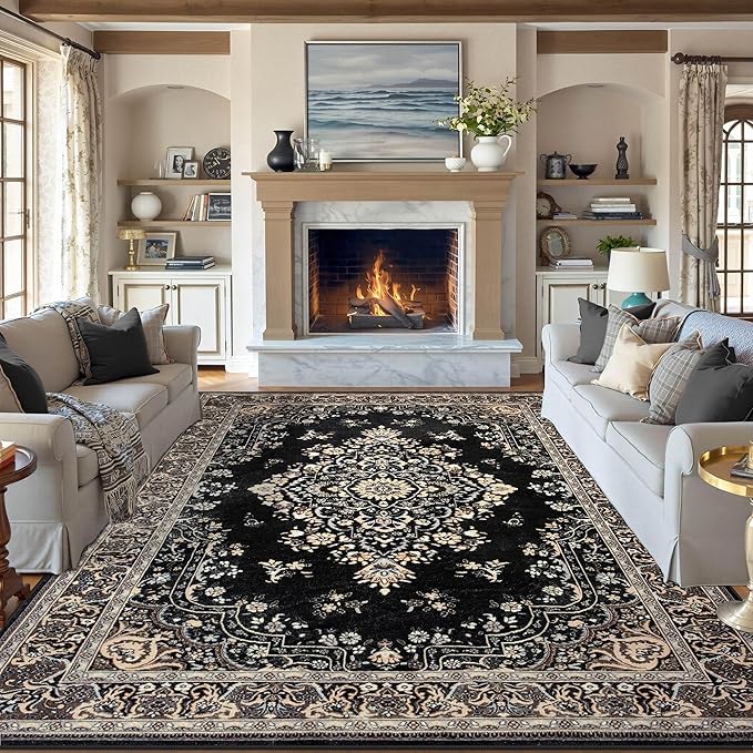 8x10 Area Rug for Living Room, Modern Washable Rug Non Slip Low Pile Large Area Rugs for Living Room, Bedroom, Farmhouse, Dining Room,Black