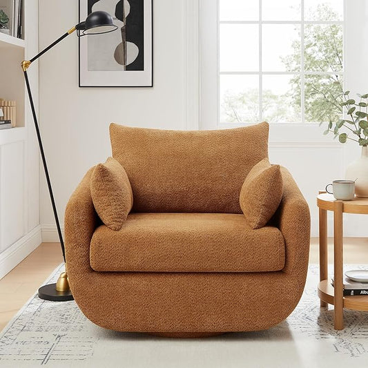 360° Swivel Accent Armchair, 39.3" Oversized, Sherpa Boucle Fabric Sofa Chair with Removable Back & Arm Pillows, Swivel Chair with Cozy Soft Padded, No Assembly Required (1, Curry)
