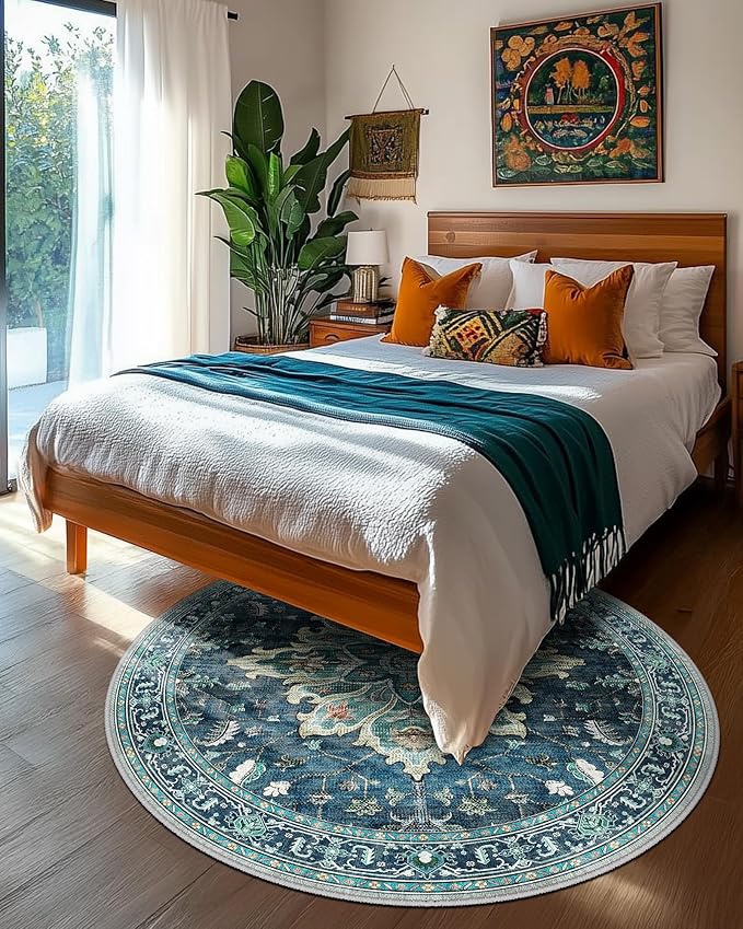 Area Rugs 4ft Washable Non-Slip, Floral Vintage Distress Print Pattern Medallion Carpet for Living Room Bedroom Dining Room, Teal Green Lake Blue Turquoise