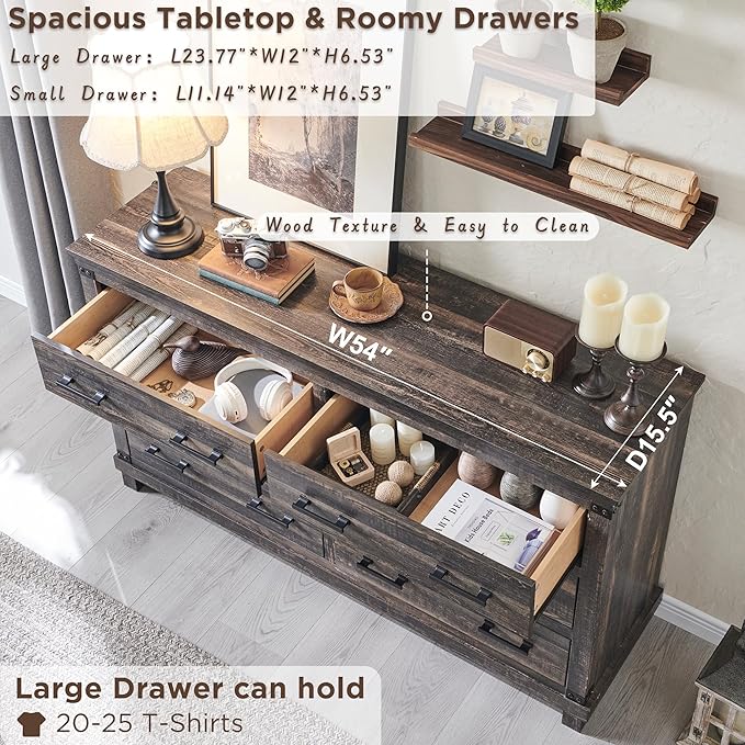 T4TREAM Farmhouse 7 Drawers Dresser for Bedroom, 54" Wide Wood Chest of Drawers w/Natural Texture & Metal Handle, Rustic Storage Dressers Organizer for Living Room, Hallway, Dark Rustic Oak
