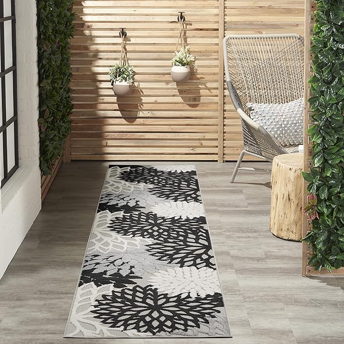 Nourison Aloha Indoor/Outdoor Black White 2'3" x 10' Area Rug, Tropical, Botanical, Easy Cleaning, Non Shedding, Bed Room, Living Room, Dining Room, Deck, Backyard, Patio (2x10)
