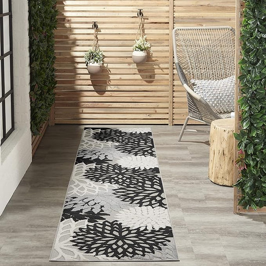 Nourison Aloha Indoor/Outdoor Black White 2'3" x 10' Area Rug, Tropical, Botanical, Easy Cleaning, Non Shedding, Bed Room, Living Room, Dining Room, Deck, Backyard, Patio (2x10)