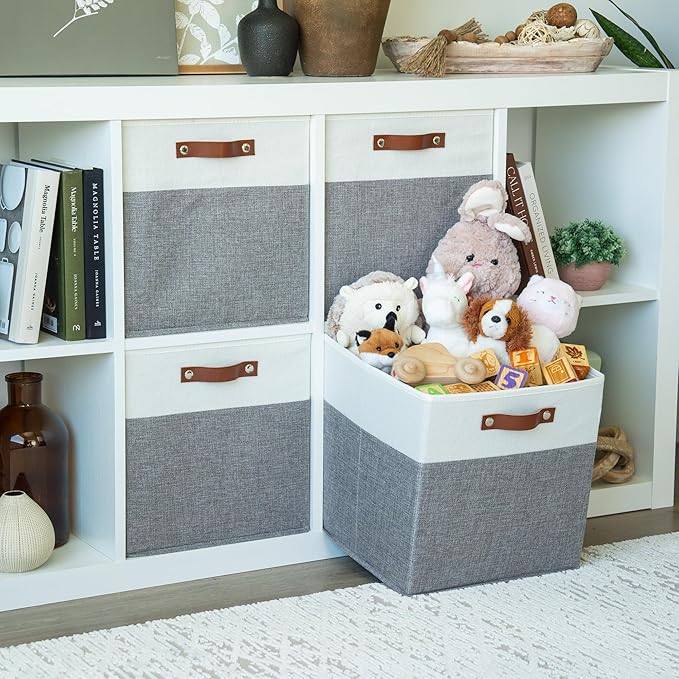 OrganiHaus 13x13 Cube Fabric Storage Bins Set of 4, Fabric Storage Cubes w/ Vegan Handles, 13 inch Collapsible Bins for Clothes & Toys Organizer, Cubbies Organizer, 13x13 Basket for Decor - Grey/White