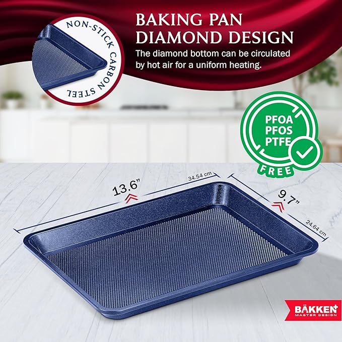 BAKKEN Kitchen Baking Pans - Nonstick Blue Coating, 13.58’’ × 9.65’’ Commercial Grade Carbon Steel Cookie Sheet, Diamond Texture Bottom, PFOA, PFOS, PTFE Free, Oven Safe Tray (450°F), Blue