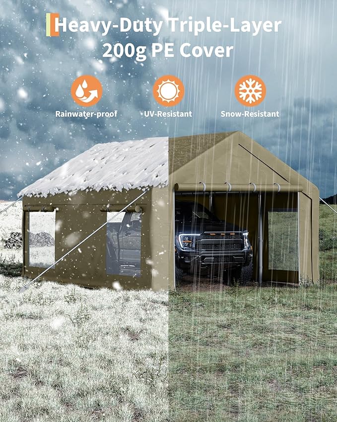 10X20 Ft Carport, Portable Carport with 4 Roll-Up Windows,Doors,Car Port with 200g PE Tarp for Car Boat Truck Motorcycle, Waterproof & UV Protected, Anti-Snow Portable Garage Kit Tent