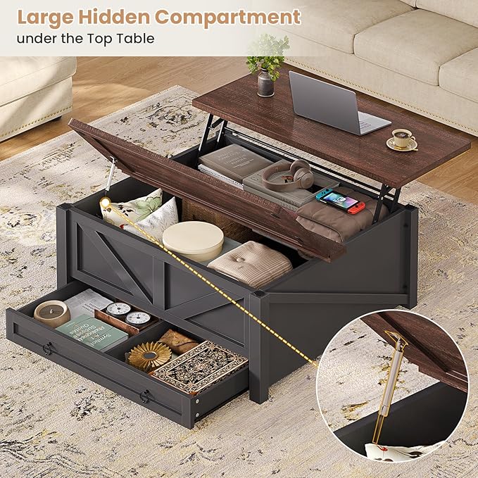 Itaar Wooden Coffee Table, Lift Top Coffee Table with Storage, Square Coffee Tables with Drawers and Hidden Compartment, Center Table for Living Room, Home Office, Black