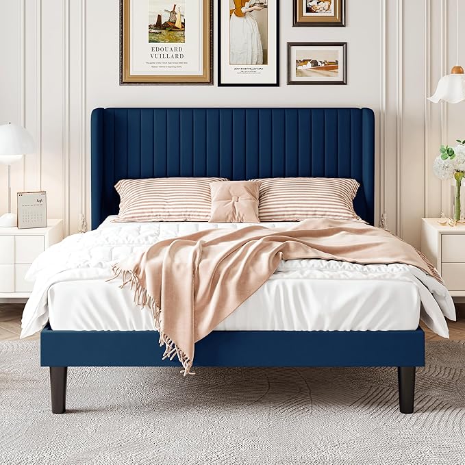 SHA CERLIN Full Size Velvet Bed Frame with Vertical Channel Tufted Wingback Headboard, Upholstered Platform Bed with Wood Slats, No Box Spring Needed, Easy Assembly, Blue