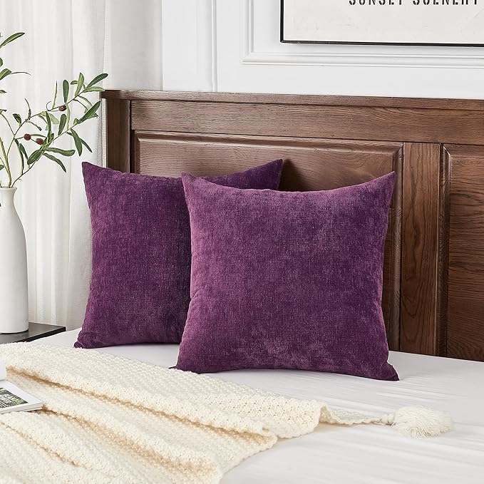 GAWAMAY Decorative Square Throw Pillow Covers 20"x20" Inch Set of 2, Super Soft Chenille Pillows Farmhouse Fall Pillowcase for Living Room Bedroom Sofa Couch Cushion Cover Purple 50x50cm (No Insert)