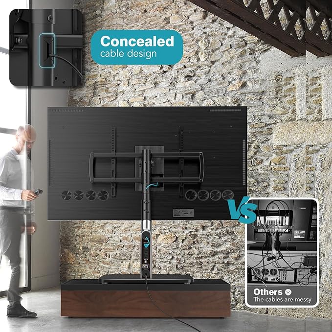 Universal TV Stand Tabletop TV Mount with Power Outlet for 50-90 Inch OLED LED Monitors, 9 Levels Height Adjustment, Ambient Lighting on The Bottom Holds up to 150lbs, Black 600x400mm