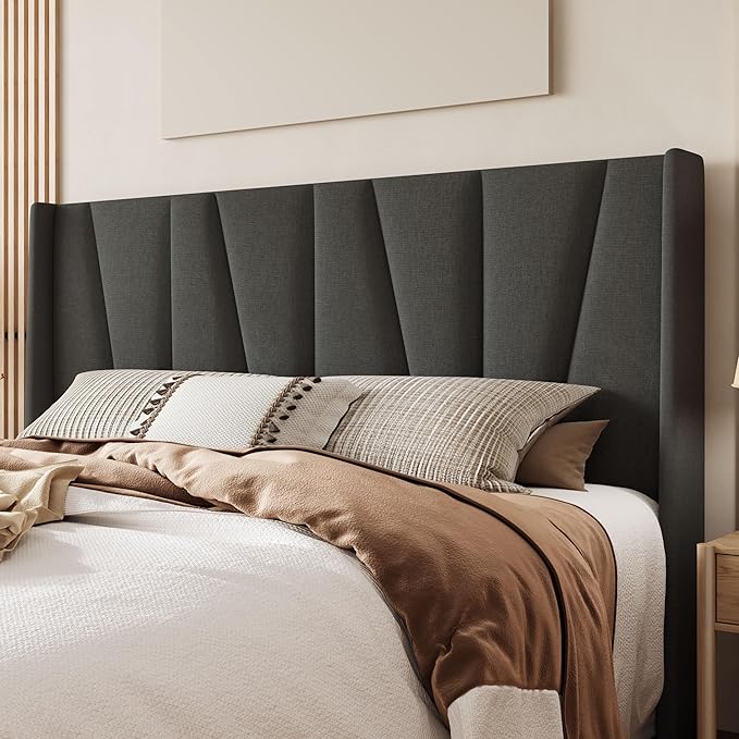 Allewie King Size Platform Bed Frame with Geometric Wingback Headboard, Modern Upholstered Bed with Wooden Slats Support, No Box Spring Needed, Easy Assembly, Dark Grey