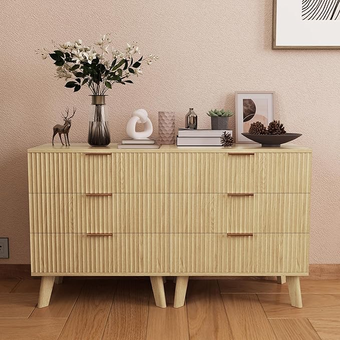 Fluted 3 Drawer Dressers, Modern Closet Dressers Chest of Drawers, Wood Storage Dresser Chest of Drawers Organizer for Bedroom Living Room Hallway Closet(Natural)