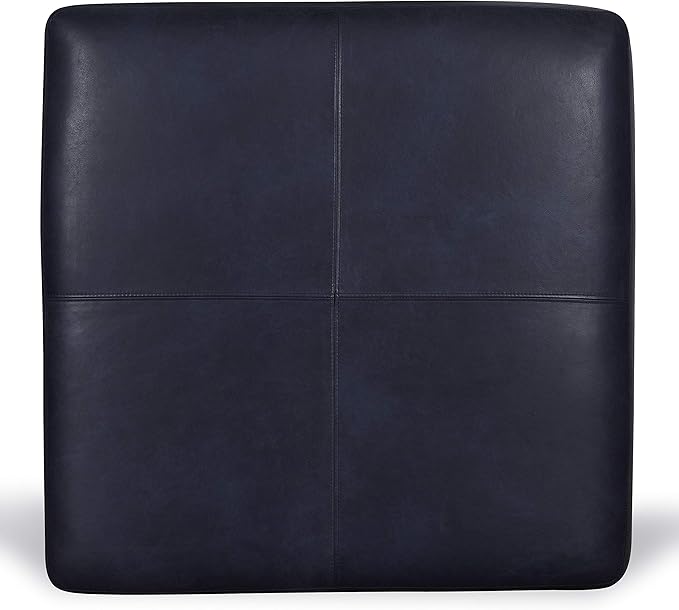 Poly & Bark Sequoia Ottoman – 35” Square Pouf with Feather-Down Topper – Full-Grain Leather Upholstered Pouf Ottoman for Living Room – Italian Leather in Midnight Blue