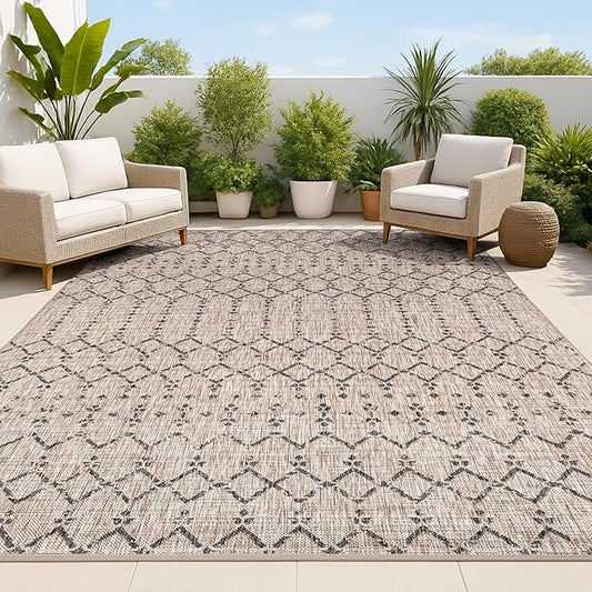 JONATHAN Y Moroccan Geometric Indoor Outdoor Area Rug 8X10 Natural/Black, Ourika Textured Weave for Backyard, Patio, Porch, Easy-Cleaning, High Traffic, Pet-Friendly, Non-Shedding (SMB108D-8)