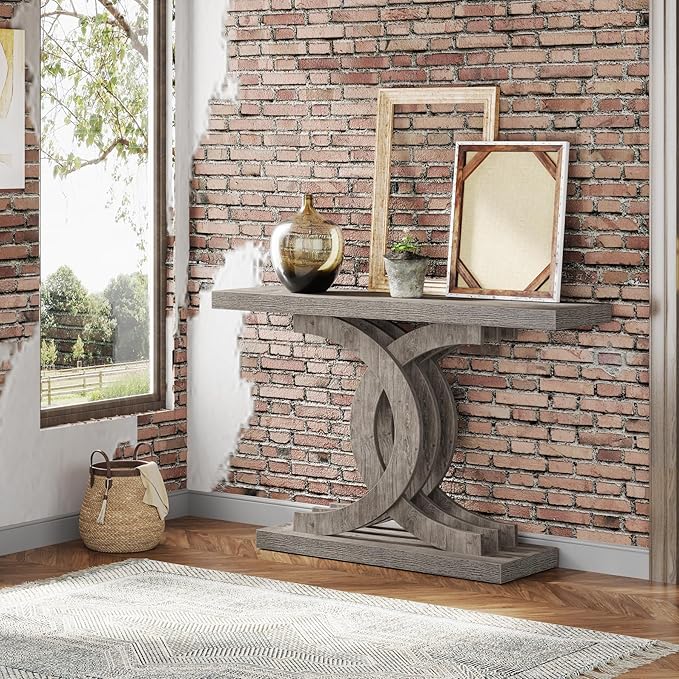 Console Tables Modern Farmhouse 39-inch Entryway Table with Geometric Base, Wooden & Metal Hallway Table for Entrance, Living Room (Grey)