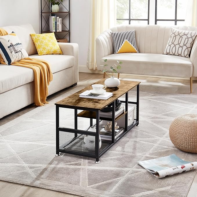 VECELO TV Stand Up to 50 Inches, 39 Inch Industrial Entertainment Center Media Console with Open Storage Shelves, Wooden Coffee Table with Metal Frame, Brown