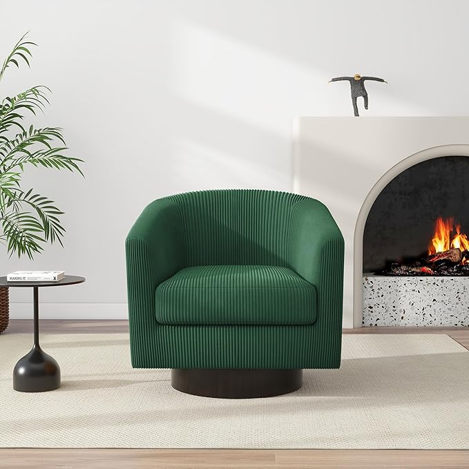 Swivel Barrel Accent Chair, Modern Round Corduroy Fabric Arm Chair for Living Room, Bedroom, Comfy Club Reading Chairs for Adults, Corduroy Dark Green