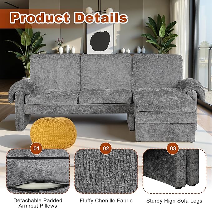 94.1" Sectional Couch, Convertible Futon Sofa Bed with Reversible Chaise Lounge, Sectional Couches for Living Room and Office, Grey