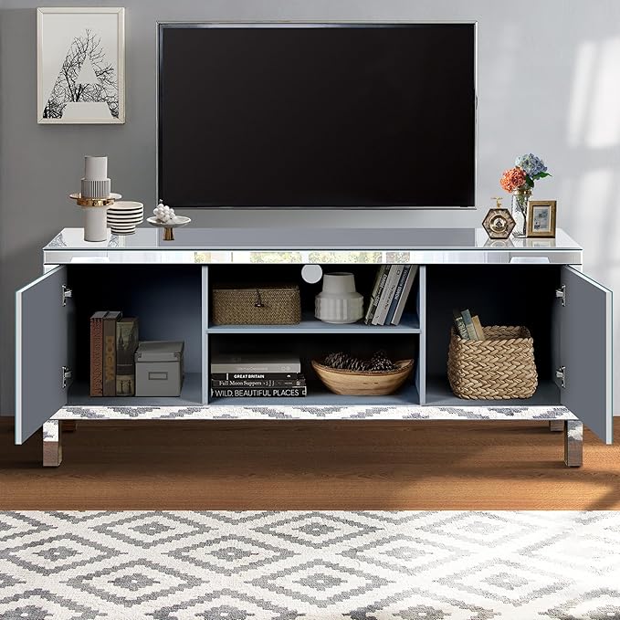 Goujxcy Mirrored TV Stand for 65+ inch TV,Sliver TV Console Table with Open Storage & 2 Storage Cabinets,Diamond Shape Mirror Doors for Living Room (B)