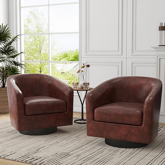 UIXE PU Leather Swivel Accent Chairs Set of 4, Barrel Club Chair Upholstered Armchair for Living Room - Red Brown