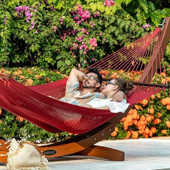 Lazy Daze Hammocks 10.5 FT Double 2 Person Caribbean Rope Hammock, Hand Woven Polyester Hammock with Spreader Bars, for Outside Outdoor Backyard Patio Poolside,450 LBS Capacity,Red