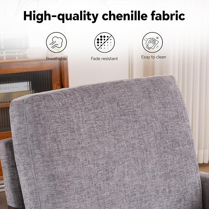 Mid Century Modern Accent Chair with Wood Frame, Upholstered Living Room Chairs with Wide Armrest, Chenille Fabric Lounge Reading Arm Chair for Bedroom, Reading Room, Balcony, Gray