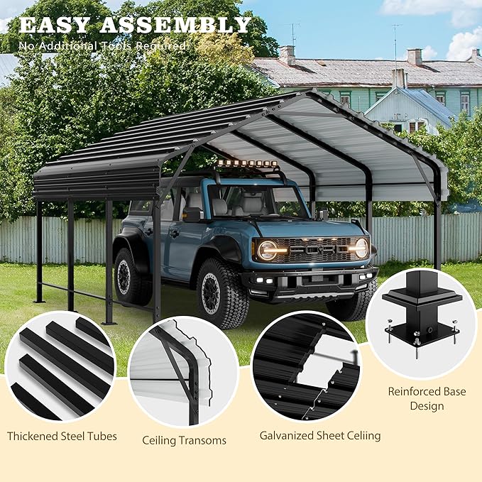 Walsunny Metal Carport 12x15 FT Heavy Duty Carport Canopy with Enhanced Base, Outdoor Car Shelter with Galvanized Steel Roof and Frame Garage for Truck, SUV, Boat, Gray