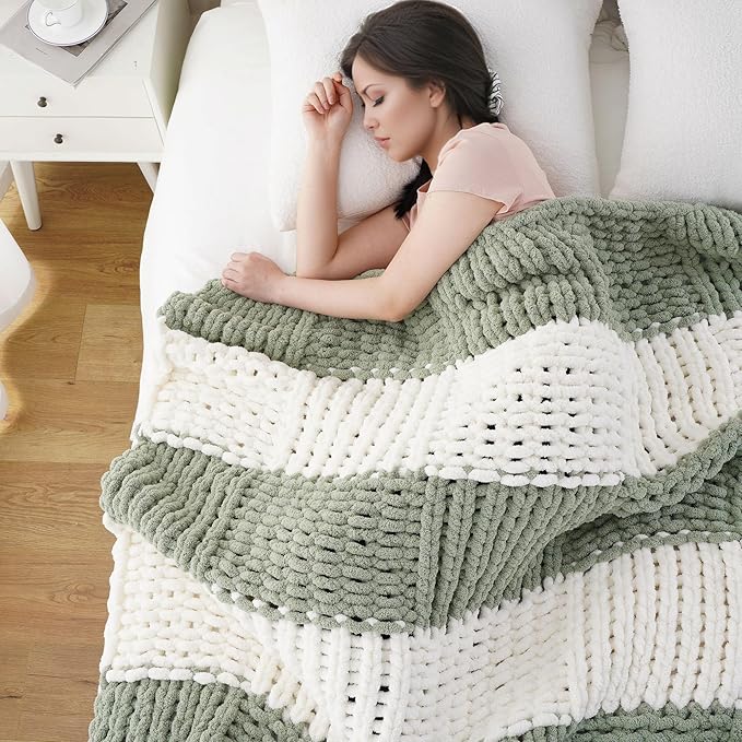 Battilo Chunky Knit Throw Blanket, Soft and Thick Chenille Throw Blanket, 50"x60" Handmade Cable Knit Crochet Blanket, Large Rope Knot Throw Blankets for Couch Sofa Bed Home Decor, Sage & White