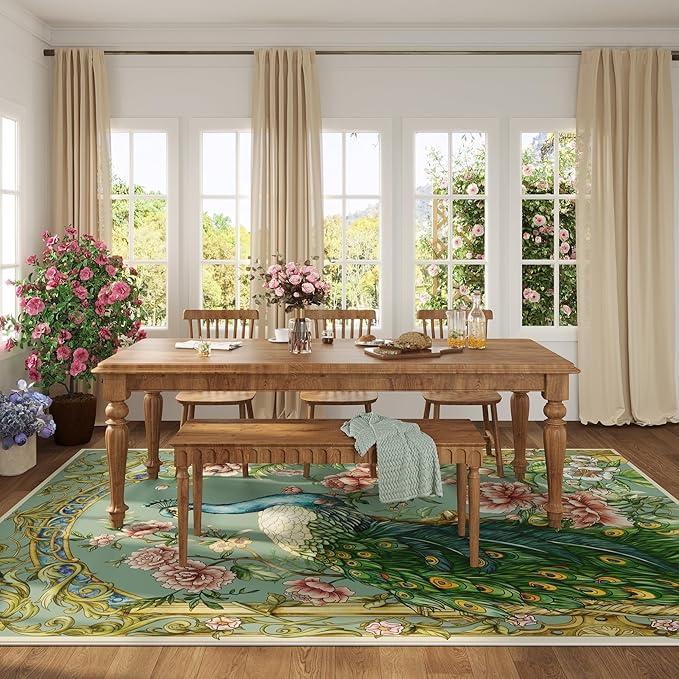 Living Room Rug 5x7 Rug Machine Washable Floral Peacock Animal Area Rug Non Slip Vintage Low Pile Large Rugs for Living Room, Bedroom, Farmhouse, Dining Room, Kids Playroom (Mint Turquoise)