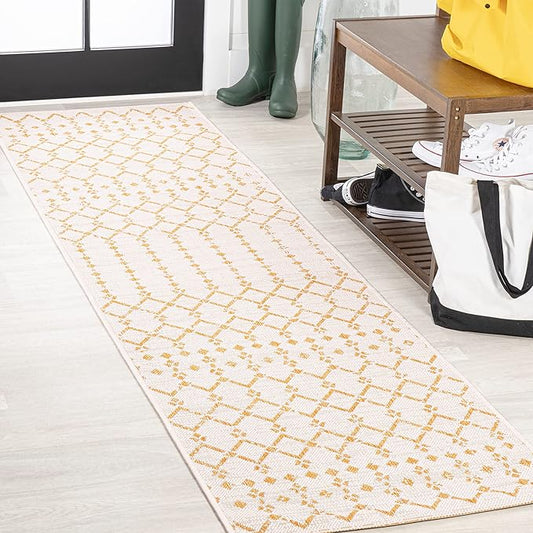 JONATHAN Y SMB108J-28 Ourika Moroccan Geometric Textured Weave Indoor Outdoor Runner Rug, Bohemian, Rustic, Scandinavian Easy-Cleaning,Bedroom,Kitchen,Backyard,Patio,Non Shedding, Cream/Yellow, 2 X 8