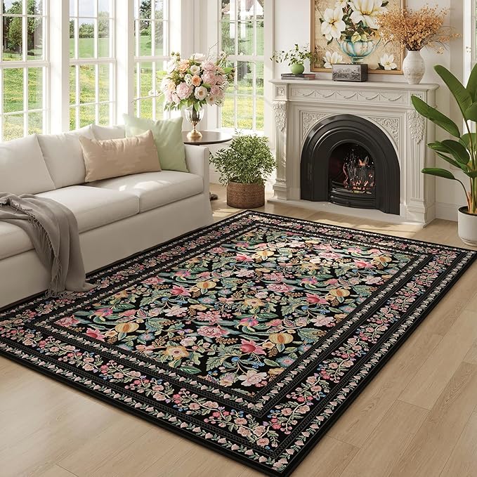 5x7 Washable Rug Vintage Floral Area Rug Non Slip Low Pile Large Rugs for Living Room, Bedroom, Farmhouse, Dining Room, Kids Playroom, Black