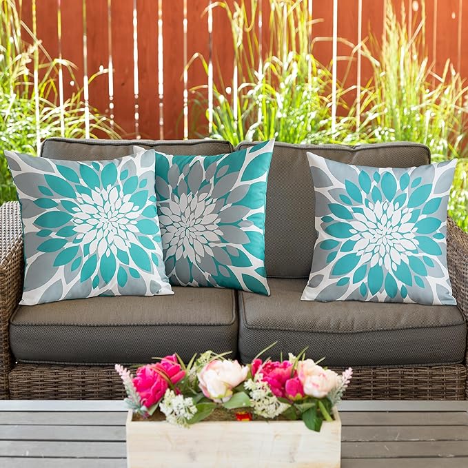 Qahing Pack of 4 Outdoor Waterproof Pillow Covers 20x20 Decorative Outdoor Throw Pillows Garden Square Cushion Cases for Patio Furniture, Couch, Tent Sunbrella, Bench, Teal Turquoise Grey