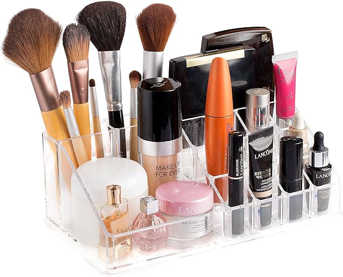 Masirs Clear Makeup Organizer – 16-Compartment Cosmetic and Jewelry Holder, 4-Drawer Vanity Storage, Elegant Clear Design for Makeup and Accessories