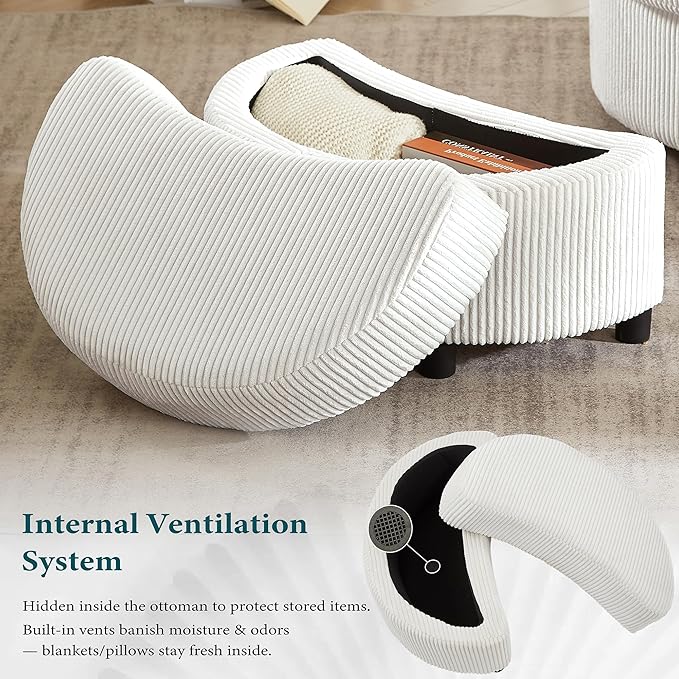 Swivel Accent Chair with Ottoman Comfy Reading Chairs for Bedroom Modern Corduroy Arm Chair 360°Swivel Barrel Chairs for Living Room,Apartment (White, 2)