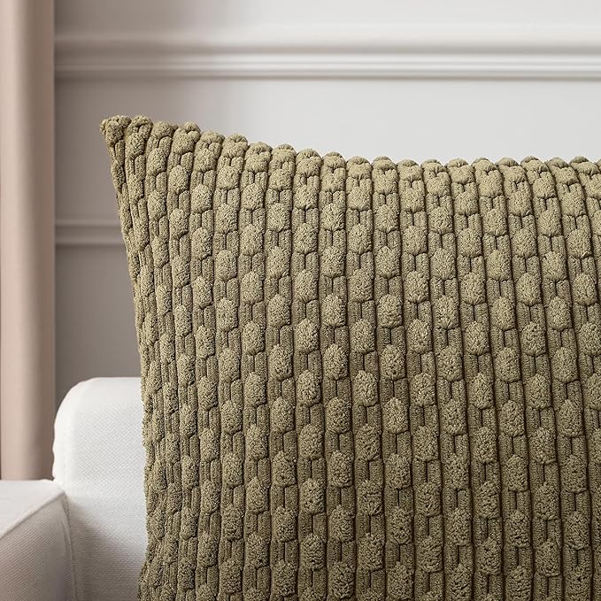 Kevin Textile Pack of 2 Corduroy Decorative Throw Pillow Covers 18x18 Inch Soft Boho Striped Pillow Covers Modern Farmhouse Home Decor for Sofa Living Room Couch Bed Olive Green