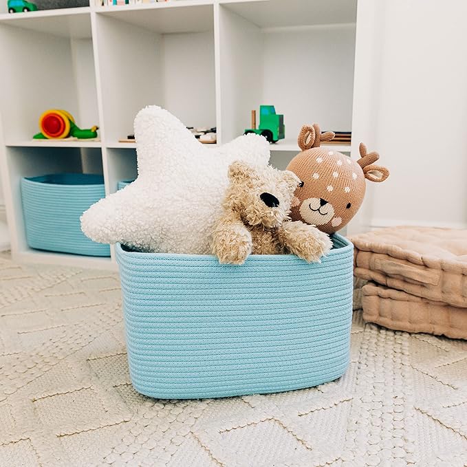 OrganiHaus Blue Basket for Shelves, Decorative Cloth for Organizing, Cotton Rope Storage Basket for Toys, Small Woven Baskets for Storage