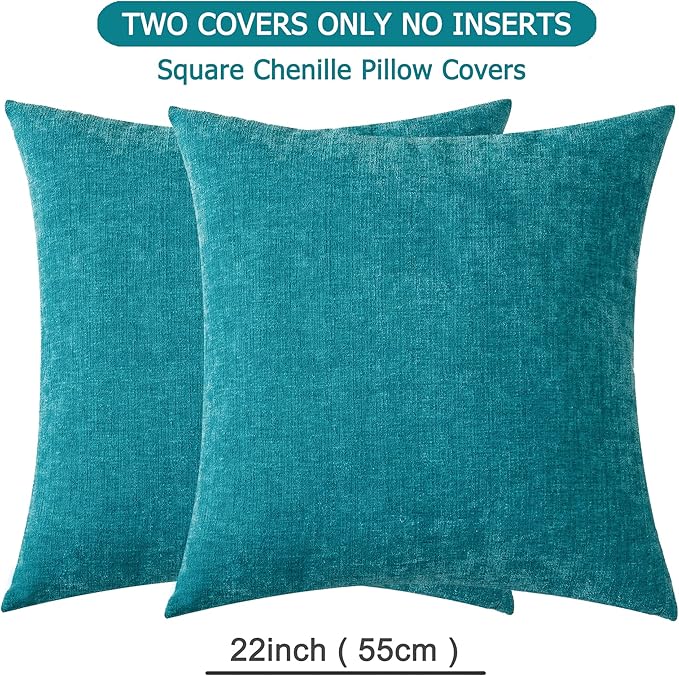 GAWAMAY Decorative Square Throw Pillow Covers 22"x22" Inch Set of 2, Super Soft Chenille Pillows Farmhouse Fall Pillowcase for Living Room Bedroom Sofa Couch Cushion Cover Teal 55x55cm (No Insert)