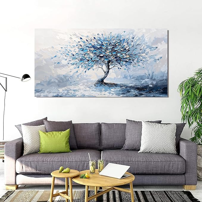 Canvas Wall Art Decor Modern Blue White Wall Art Prints Wall Art Pictures for Living Room Oversized Artwork for Walls Abstract Art Large Tree of Life Wall Art Decorations Bedroom Office Decor 29"X58"
