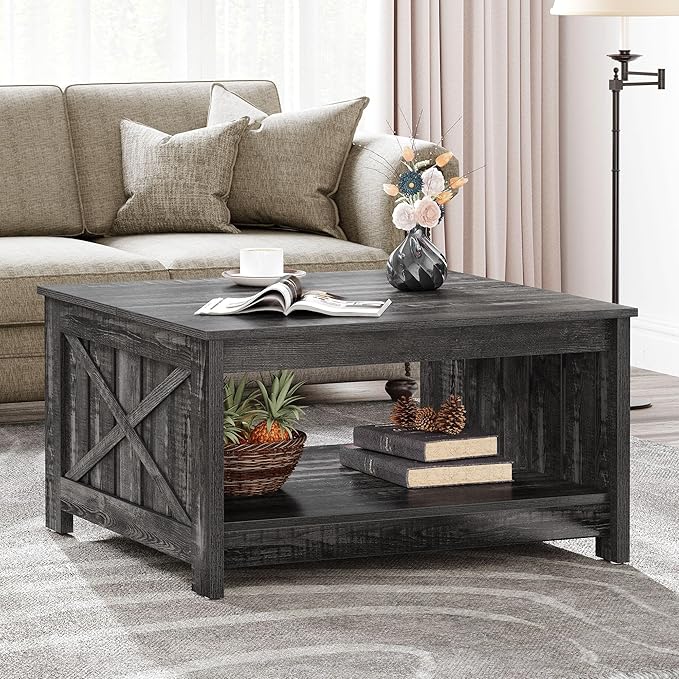 YITAHOME Coffee Tables Farmhouse Coffee Table with Storage Rustic Wood Cocktail Table,Square Coffee Table for Living Meeting Room with Half Open Storage Compartment,Dark Rustic Oak