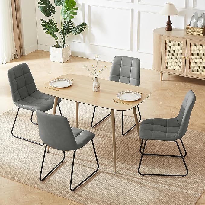 47.2'' Modern Dining Table Set for 4 - Wood Table with Cat Scratch Resistant Surface & 4 Gray Leather U-Shaped Chairs, Kitchen & Dining Room Furniture, Ideal for Small Spaces