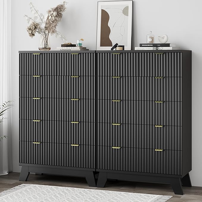 Fluted Dresser for Bedroom with 6 Drawers, 46" Tall Modern Chest of Drawers with Metal Handle, Wooden Dresser TV Stand, Wood Closet Clothes Storage Organizer for Living Room, Hallway, Black
