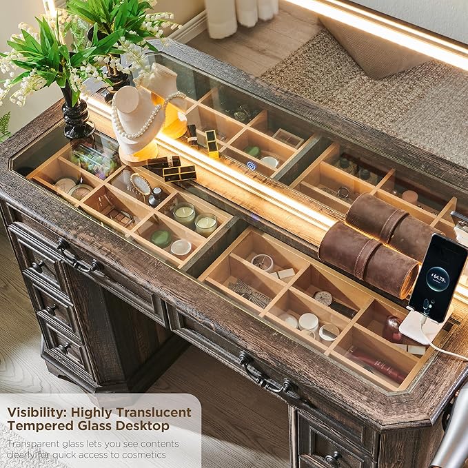 T4TREAM Vanity Desk with Mirror and Lights, 48'' LED Lights Makeup Vanity with 3 Colors, Farmhouse Vanity Table with 8 Drawers(Dark Rustic Oak)