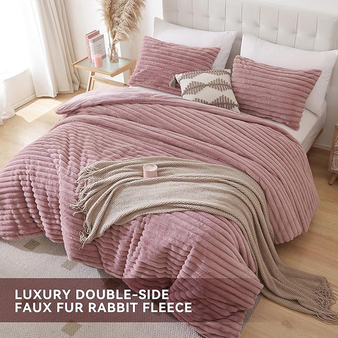 Smoofy Fluffy Full Size Comforter Sets 3 Pieces - Old Pink Fleece Fluffy Comforter Set, Luxury Fuzzy Full Bed Set, Soft Comforter Full Size All Season, Heavy Faux Fur Comforter with 2 Pillow Cases