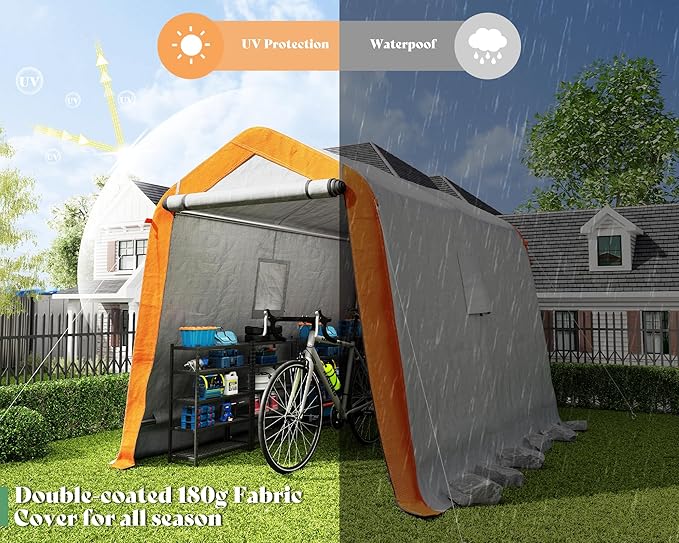 AMERLIFE 6x8x6.6 FT Heavy Duty Portable Shed Storage Shelter, Outdoor Storage Shed with 2 Waterproof Windows & Roll-Up Zipper Door, Carport for Motorcycle, Bike, Gray