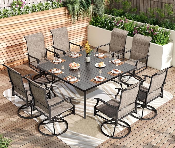 PHI VILLA 9 Pcs Patio Dining Set with Large Square Metal Dining Table & 8 High Back Padded Outdoor Swivel Dining Chairs, Outside Table Chair Furniture Dining Set for 8 Person