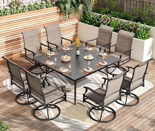 PHI VILLA 9 Pcs Patio Dining Set with Large Square Metal Dining Table & 8 High Back Padded Outdoor Swivel Dining Chairs, Outside Table Chair Furniture Dining Set for 8 Person