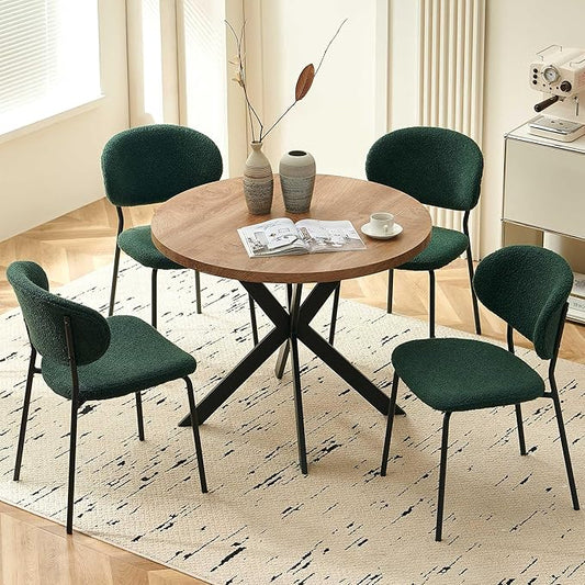 Dining Table Set for 4, Modern 5-Piece Kitchen Table Set, 37" Round MDF Living Coffee Table with 4 Seated Green Boucle Dining Chairs Upholstered, Metal Legs for Dining Hall, Living Room