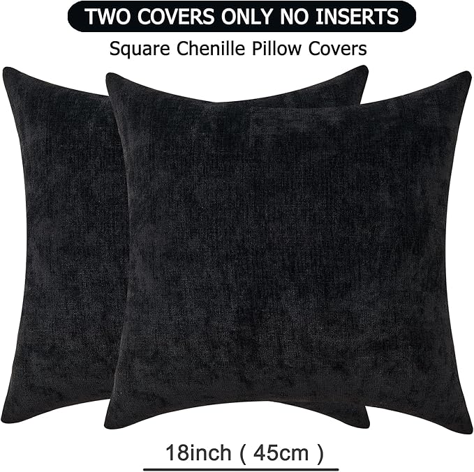 GAWAMAY Decorative Square Throw Pillow Covers 18"x18" Inch Set of 2, Super Soft Chenille Pillows Farmhouse Fall Pillowcase for Living Room Bedroom Sofa Couch Cushion Cover Black 45x45cm (No Insert)