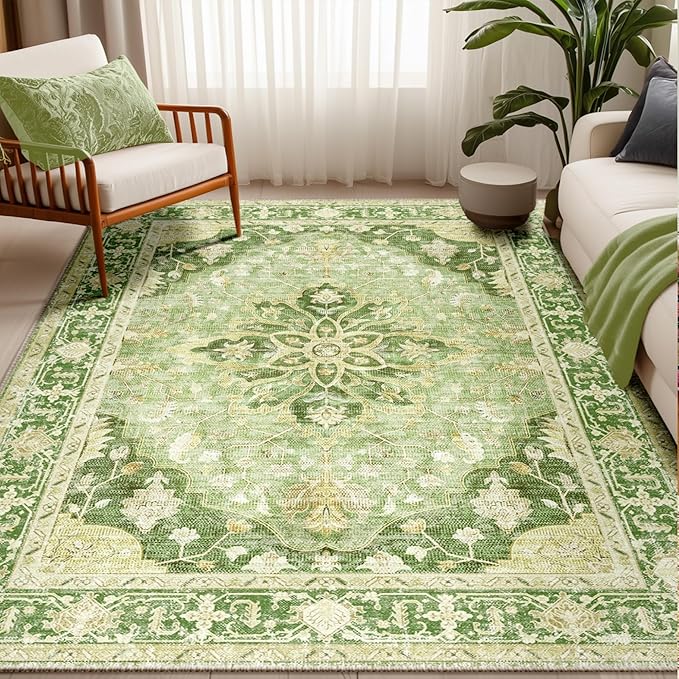 Area Rugs 5'x8' Washable Non-Slip, Floral Vintage Distress Print Pattern Medallion Carpet for Living Room Bedroom Dining Room, Sage Green Yellow