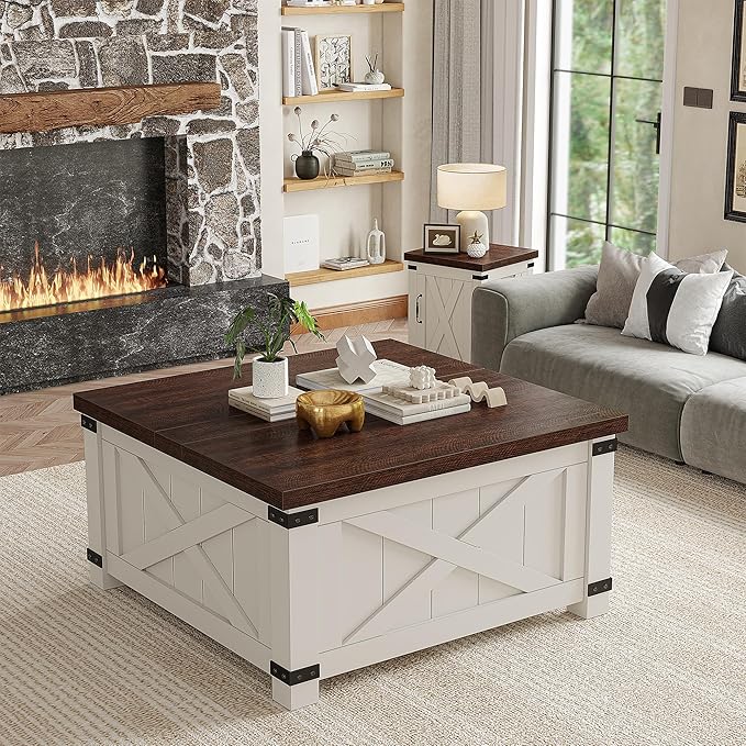 EnHomee Coffee Table 35.7" W Lift Top Coffee Tables for Living Room White Modern Coffee Table with Storage, Square